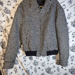 Zara Men's Black And White Houndstooth Zip Up Jacket Large